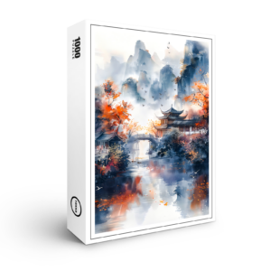 raxxa Premium-Puzzle: Autumn Trees By Lakeshore With Temple Bridge In Chinese Ink Style