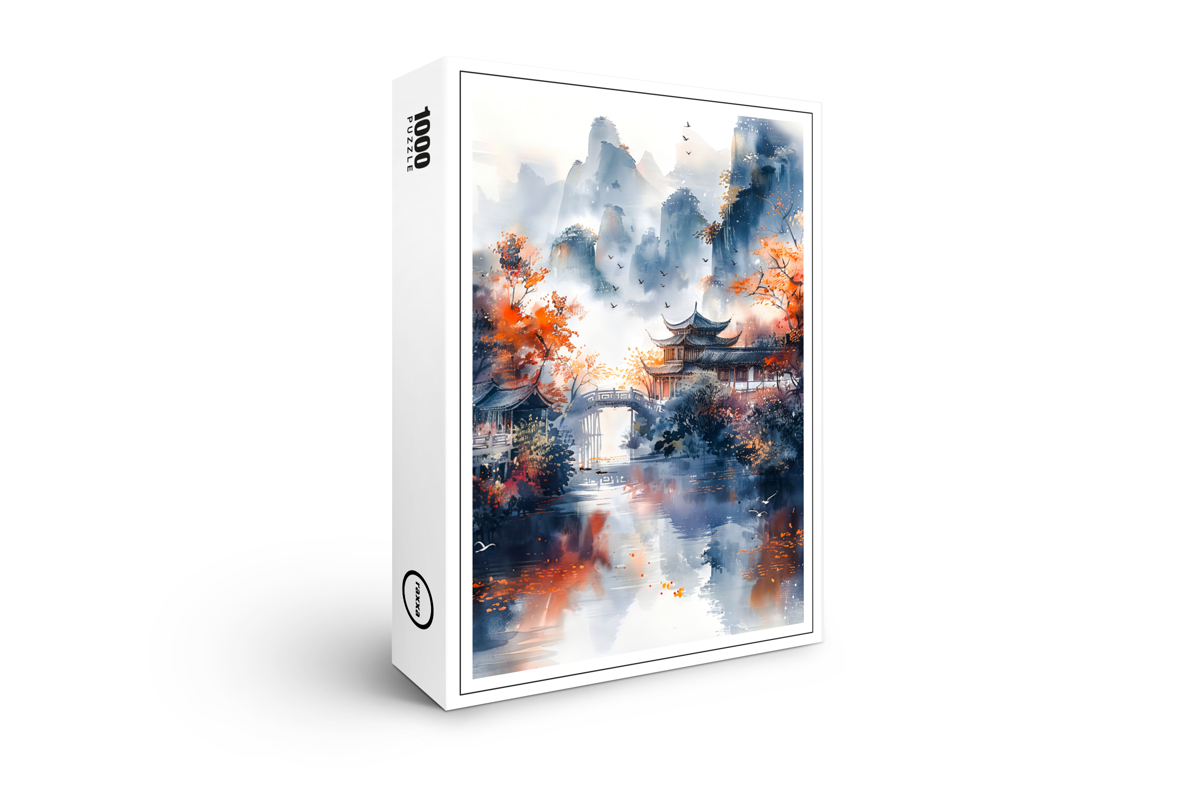 raxxa Premium-Puzzle: Autumn Trees By Lakeshore With Temple Bridge In Chinese Ink Style