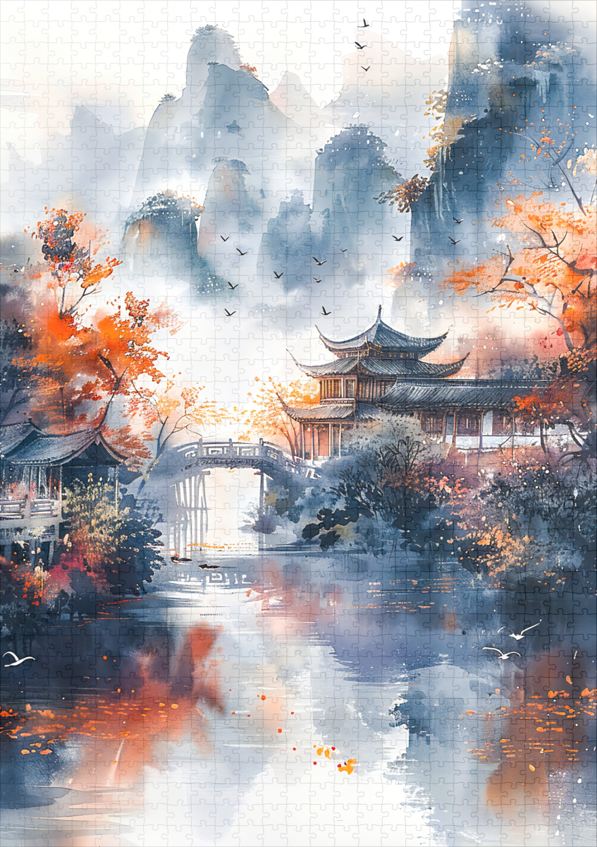 raxxa Premium-Puzzle: Autumn Trees By Lakeshore With Temple Bridge In Chinese Ink Style – Bild 2