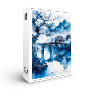 raxxa Premium-Puzzle: Large Cherry Tree At Riverbank With Temple Bridge And Mountain Panorama In Chinese Ink