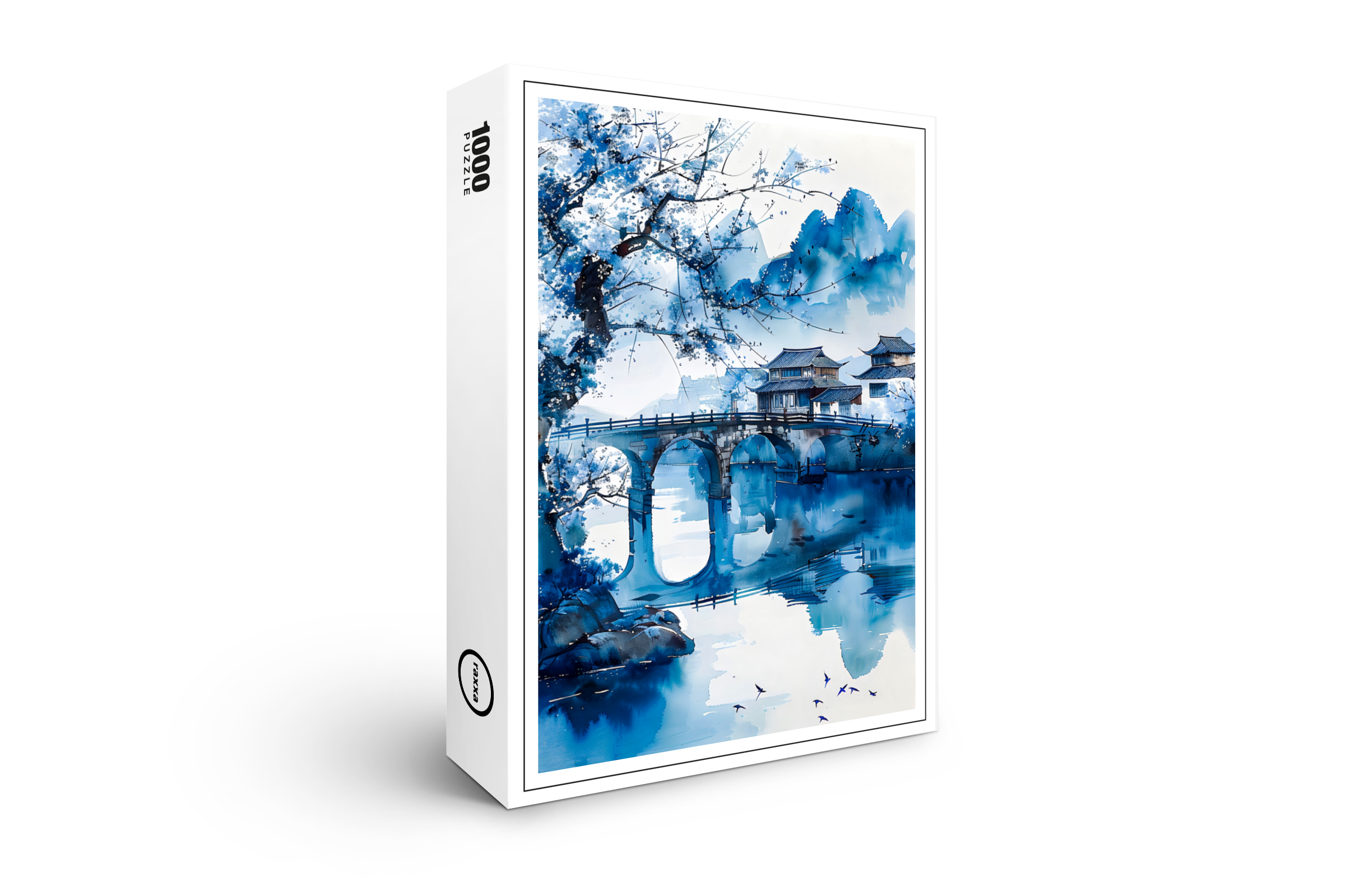 raxxa Premium-Puzzle: Large Cherry Tree At Riverbank With Temple Bridge And Mountain Panorama In Chinese Ink