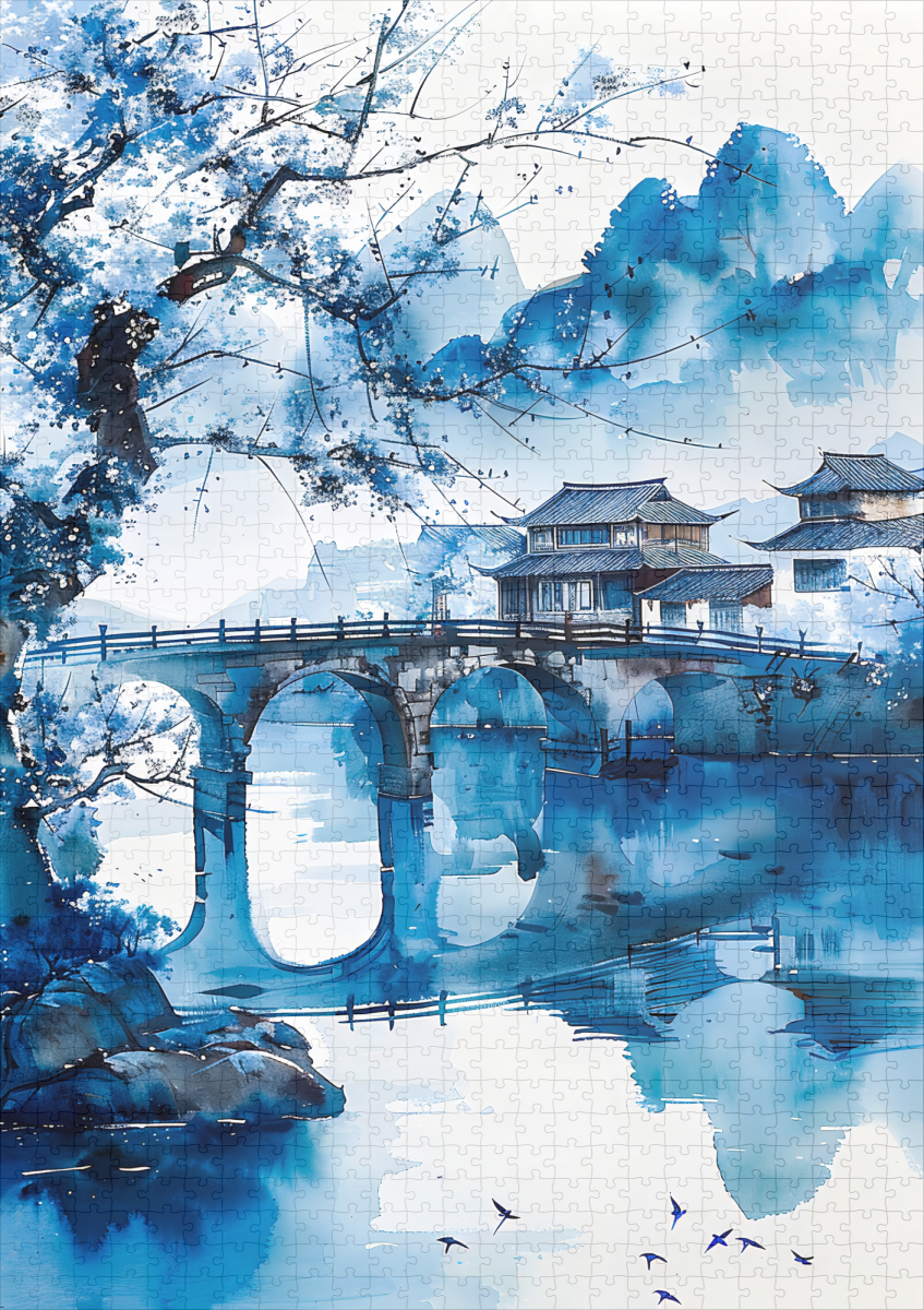 raxxa Premium-Puzzle: Large Cherry Tree At Riverbank With Temple Bridge And Mountain Panorama In Chinese Ink - immagine 2
