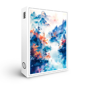 raxxa Premium-Puzzle: Autumn Landscape With Colorful Trees, River And Misty Mountain Panorama In Chinese Ink