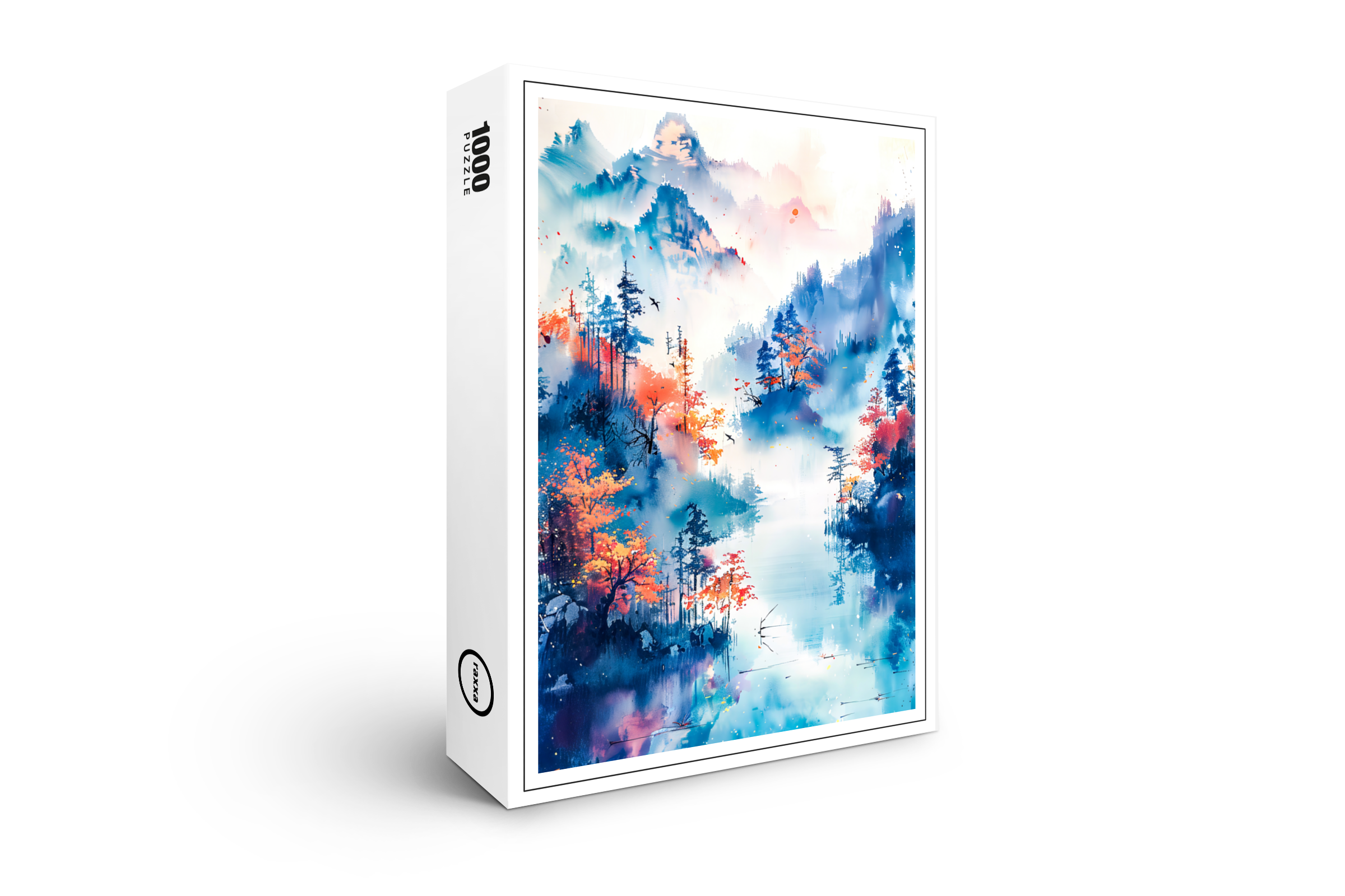 raxxa Premium-Puzzle: Autumn Landscape With Colorful Trees, River And Misty Mountain Panorama In Chinese Ink