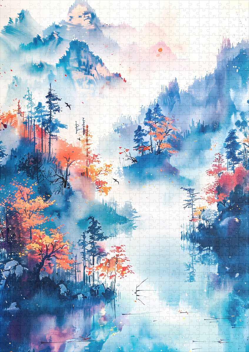 raxxa Premium-Puzzle: Autumn Landscape With Colorful Trees, River And Misty Mountain Panorama In Chinese Ink – Bild 2