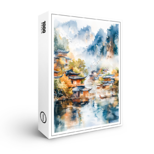 raxxa Premium-Puzzle: Mountain River Valley With Village On Both Banks In Chinese Ink Style