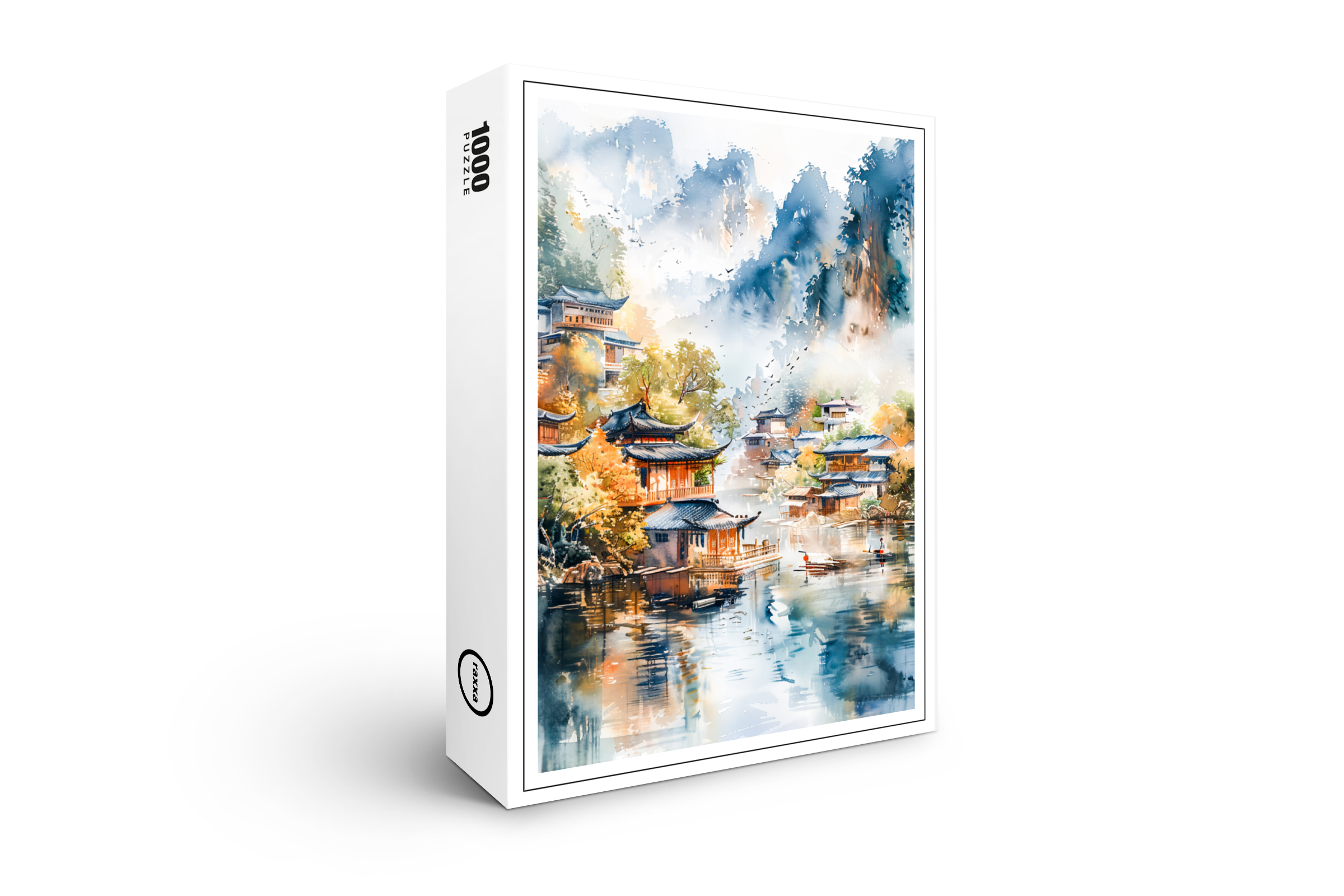 raxxa Premium-Puzzle: Mountain River Valley With Village On Both Banks In Chinese Ink Style