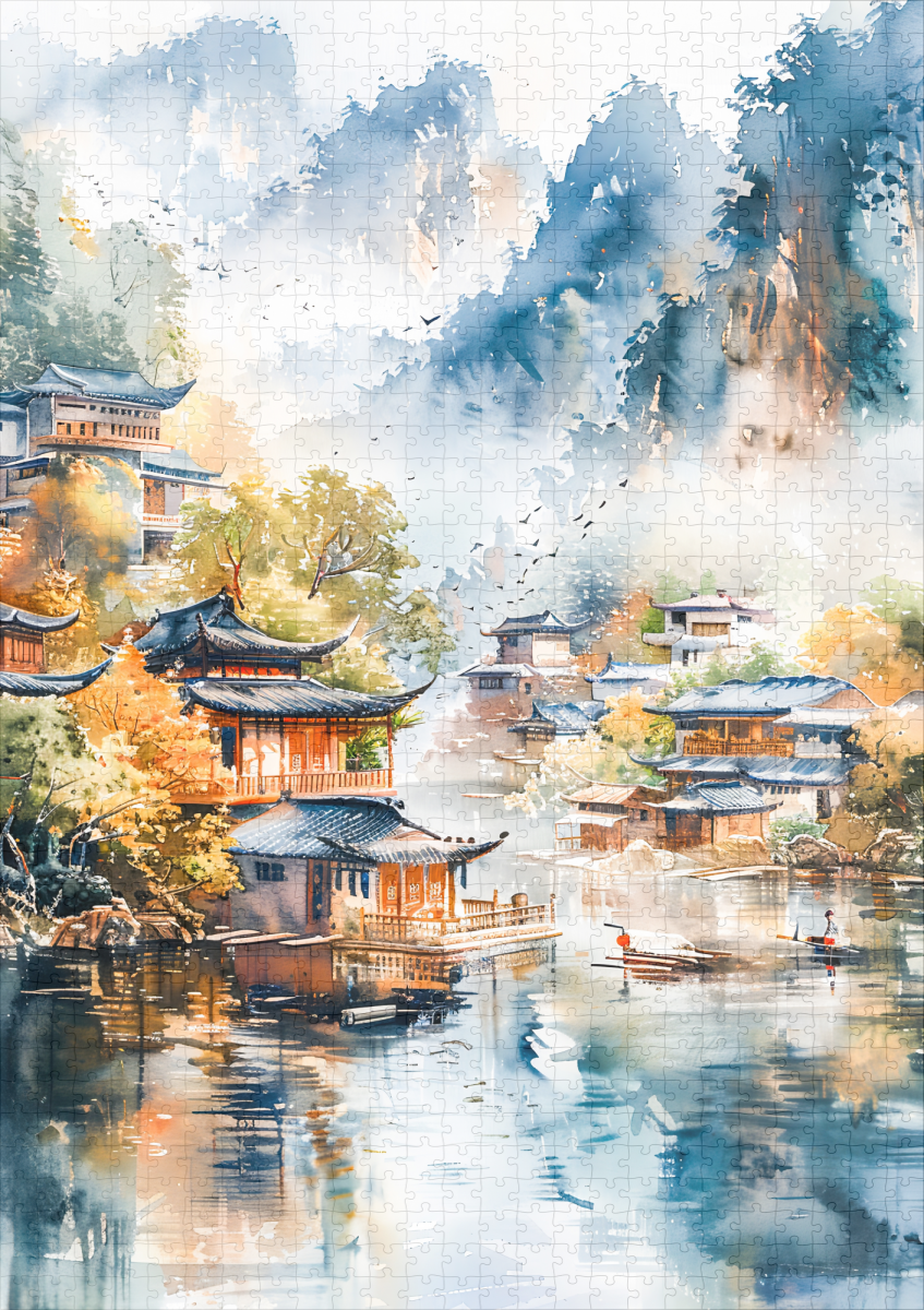 raxxa Premium-Puzzle: Mountain River Valley With Village On Both Banks In Chinese Ink Style – Bild 2
