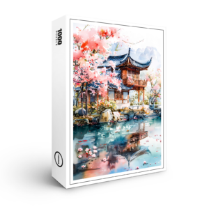 raxxa Premium-Puzzle: Temple Complex With Blooming Cherry Tree Reflected In Lakeside Water Chinese Ink
