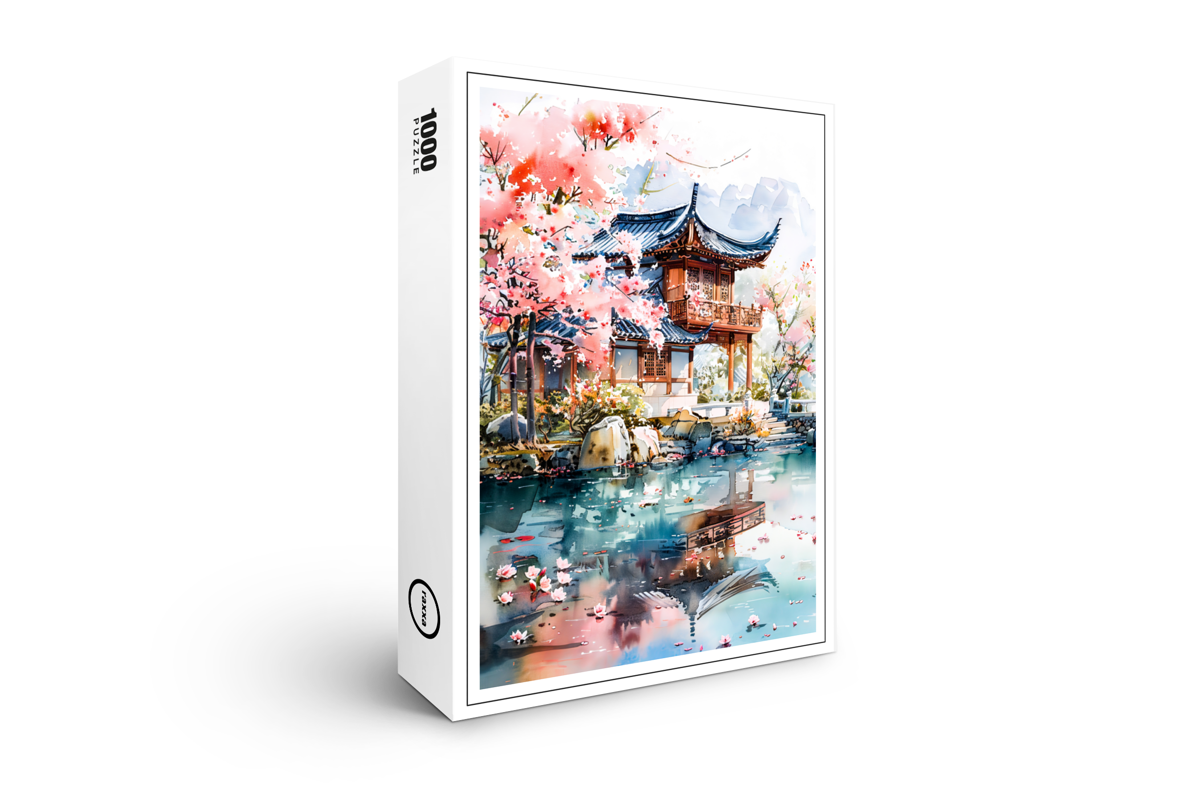 raxxa Premium-Puzzle: Temple Complex With Blooming Cherry Tree Reflected In Lakeside Water Chinese Ink