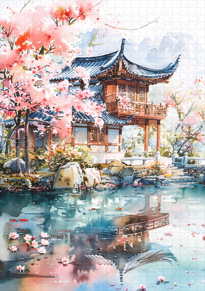 raxxa Premium-Puzzle: Temple Complex With Blooming Cherry Tree Reflected In Lakeside Water Chinese Ink – Bild 2