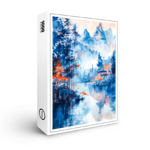 raxxa Premium-Puzzle: Autumn Forest Landscape With Temple By Lakeside And Mountain Backdrop In Chinese Ink