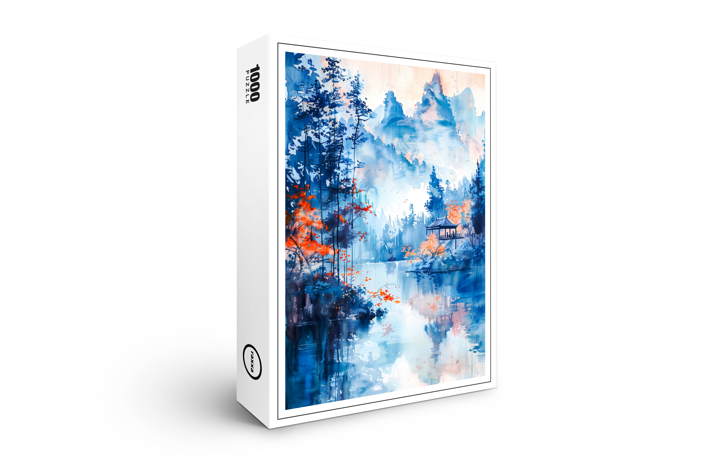 raxxa Premium-Puzzle: Autumn Forest Landscape With Temple By Lakeside And Mountain Backdrop In Chinese Ink