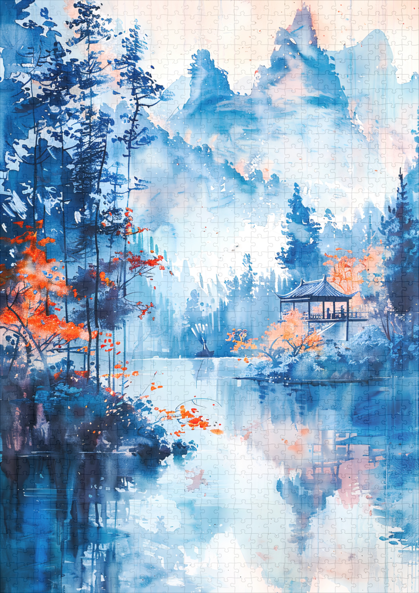 raxxa Premium-Puzzle: Autumn Forest Landscape With Temple By Lakeside And Mountain Backdrop In Chinese Ink – Image 2