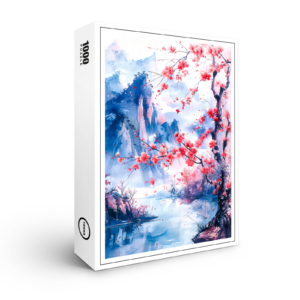 raxxa Premium-Puzzle: Blooming Cherry Tree With Mountain Range And Lakeside View In Chinese Ink