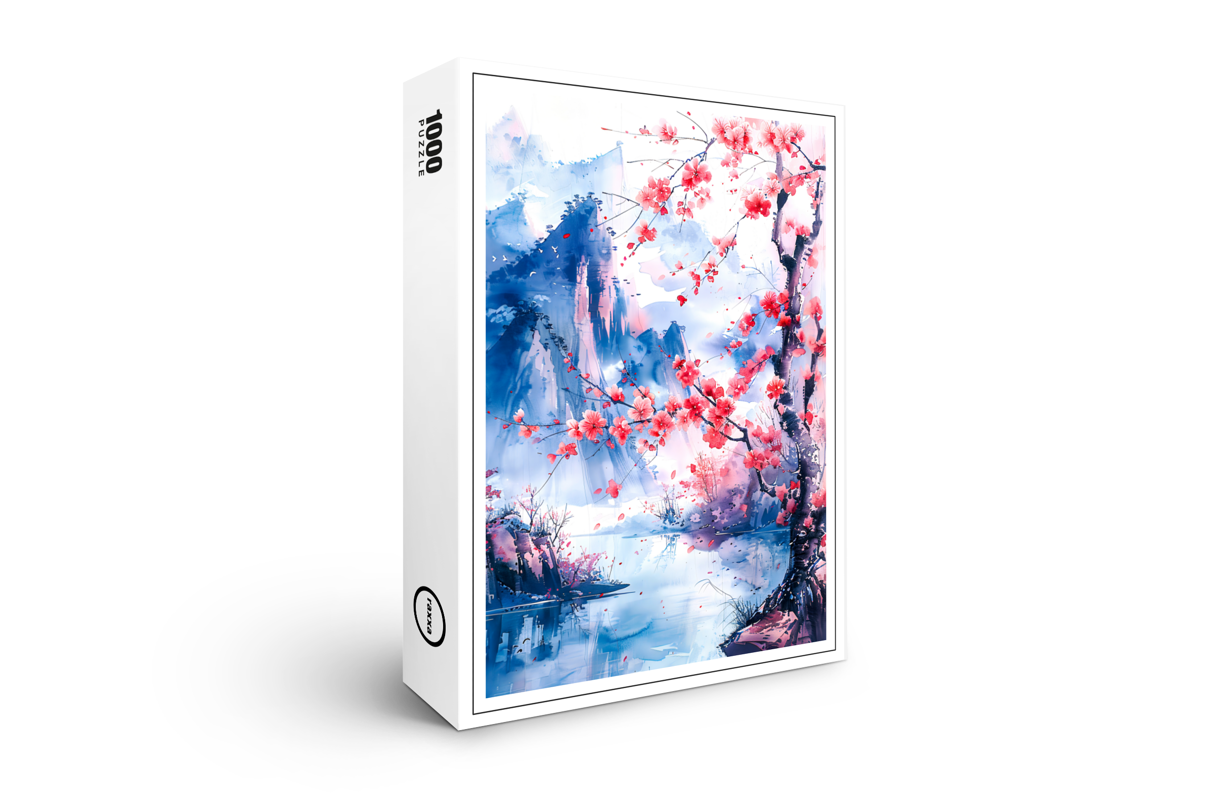 raxxa Premium-Puzzle: Blooming Cherry Tree With Mountain Range And Lakeside View In Chinese Ink