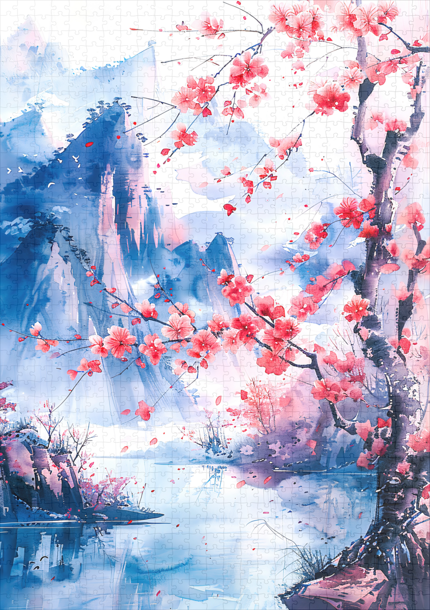 raxxa Premium-Puzzle: Blooming Cherry Tree With Mountain Range And Lakeside View In Chinese Ink - Imagen 2