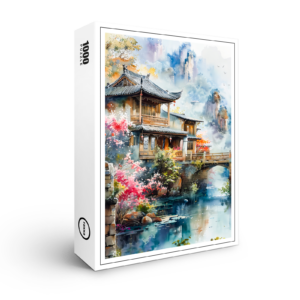 raxxa Premium-Puzzle: Temple Complex By Riverside With Bridge And Blooming Cherry Trees In Chinese Ink