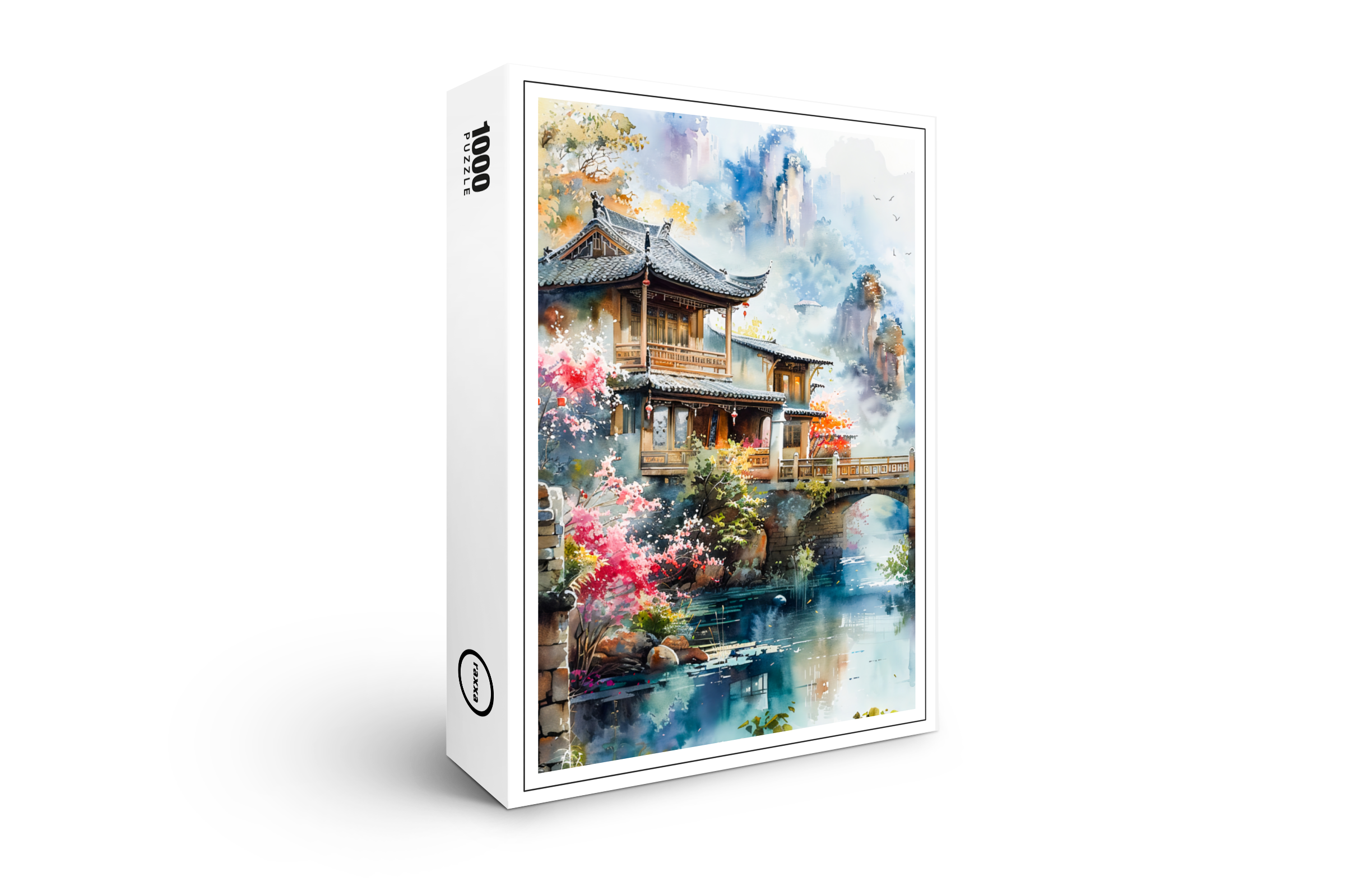 raxxa Premium-Puzzle: Temple Complex By Riverside With Bridge And Blooming Cherry Trees In Chinese Ink