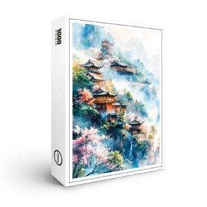 raxxa Premium-Puzzle: Hillside Village With Temple, Blooming Cherry Trees And Misty Mountains In Chinese Ink