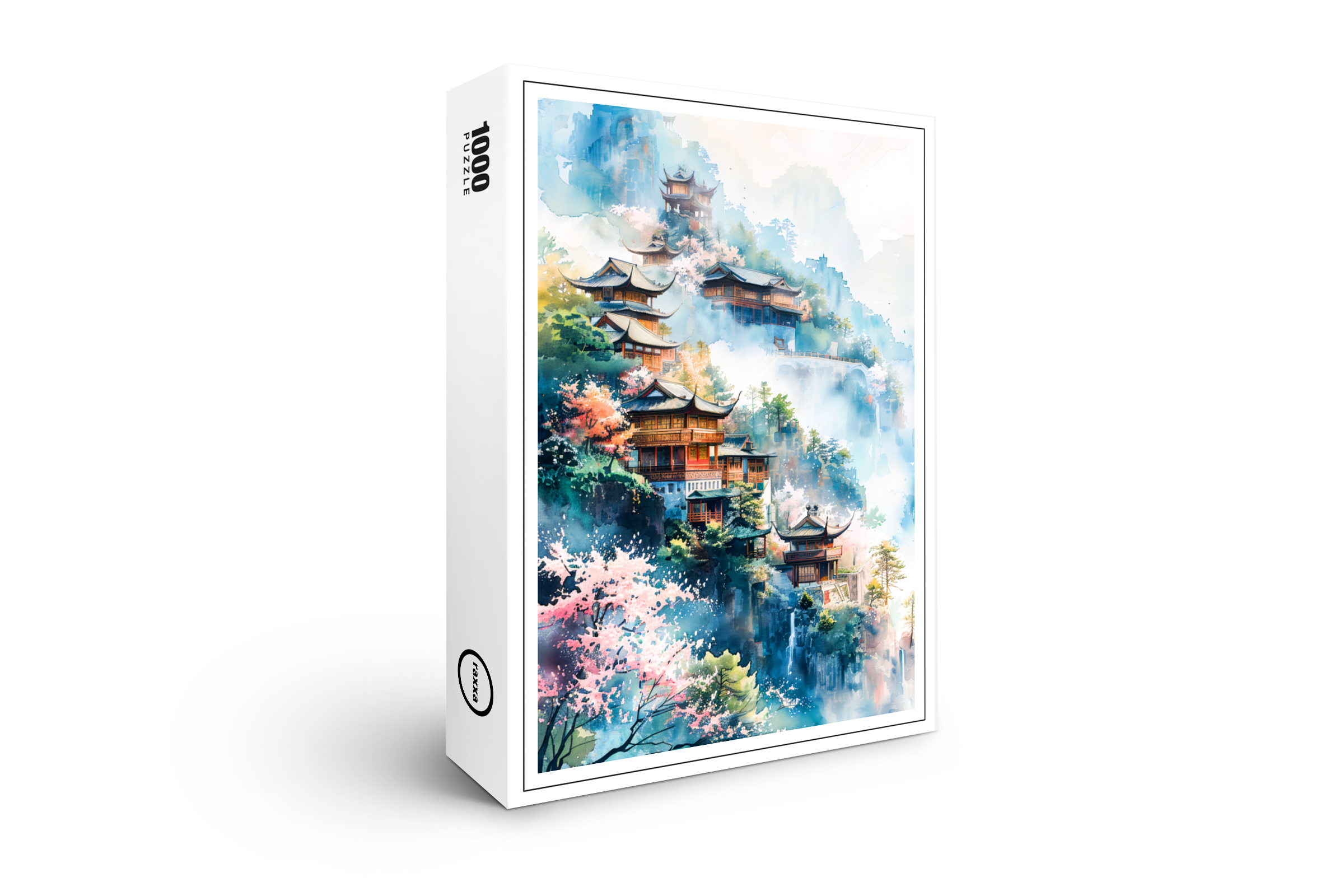 raxxa Premium-Puzzle: Hillside Village With Temple, Blooming Cherry Trees And Misty Mountains In Chinese Ink