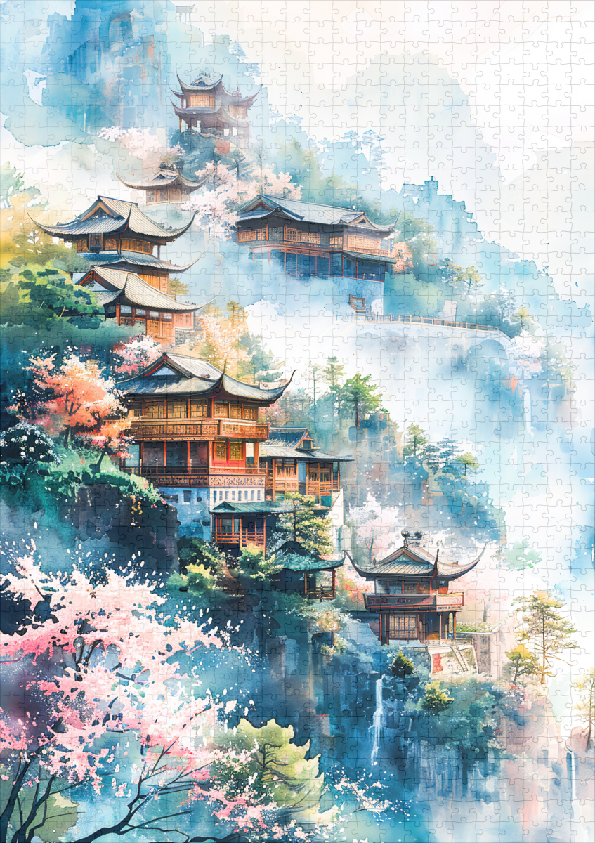 raxxa Premium-Puzzle: Hillside Village With Temple, Blooming Cherry Trees And Misty Mountains In Chinese Ink – Bild 2