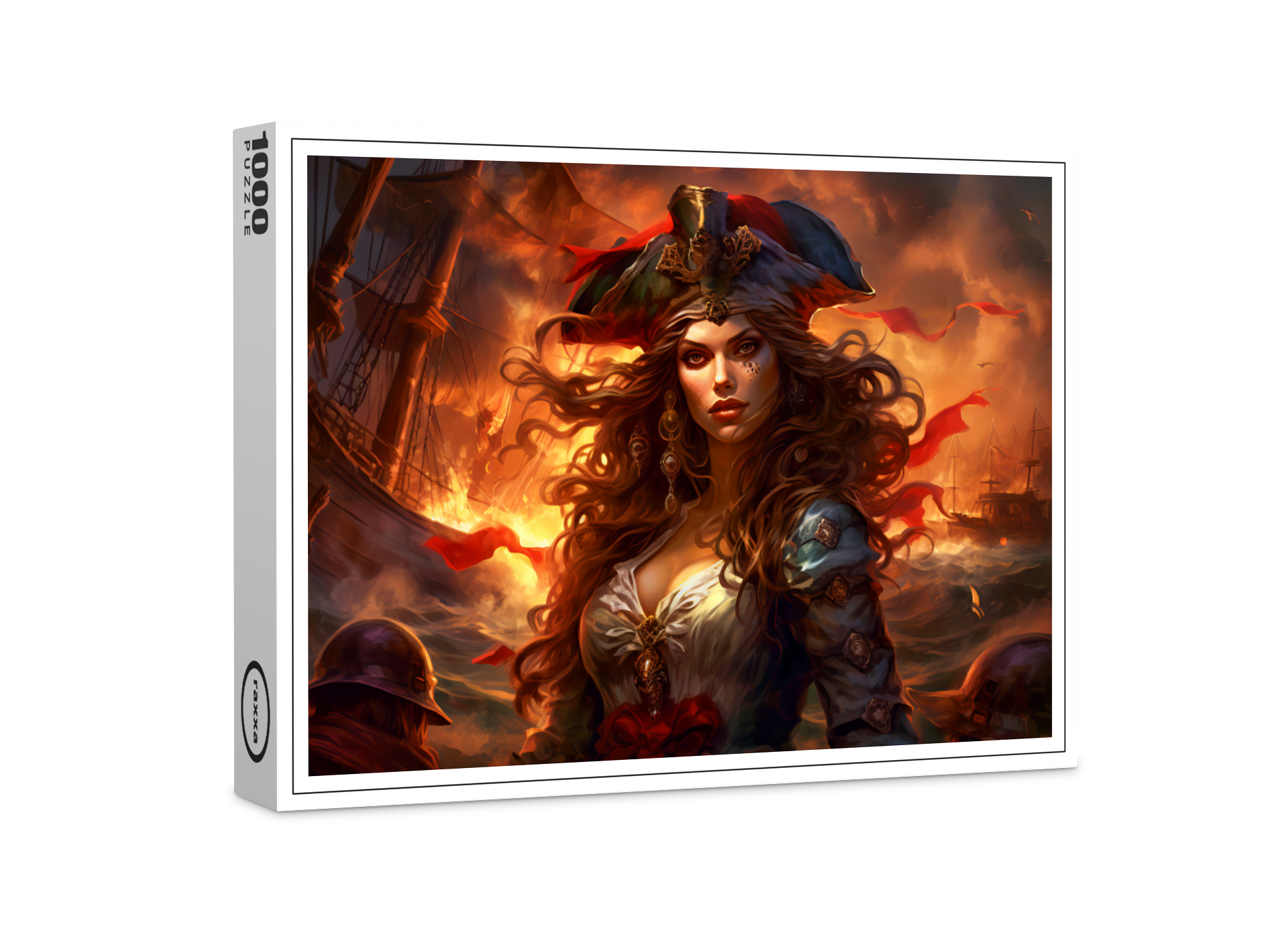 raxxa Premium-Puzzle: NeuFemale Pirate Before Burning Ship Fantasy Painting