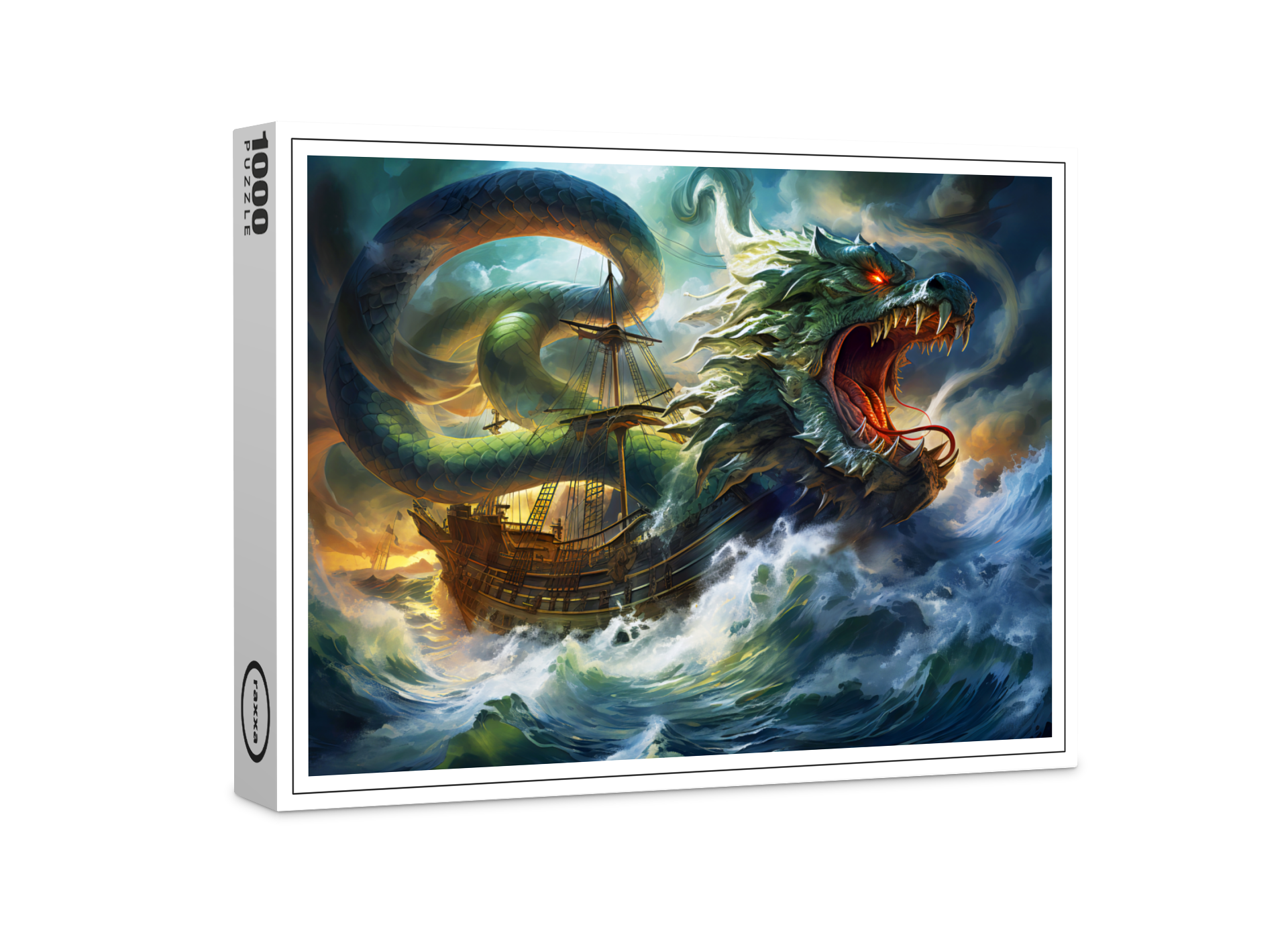 raxxa Premium-Puzzle: Sea Serpent Attacking Ship in Storm Fantasy Painting