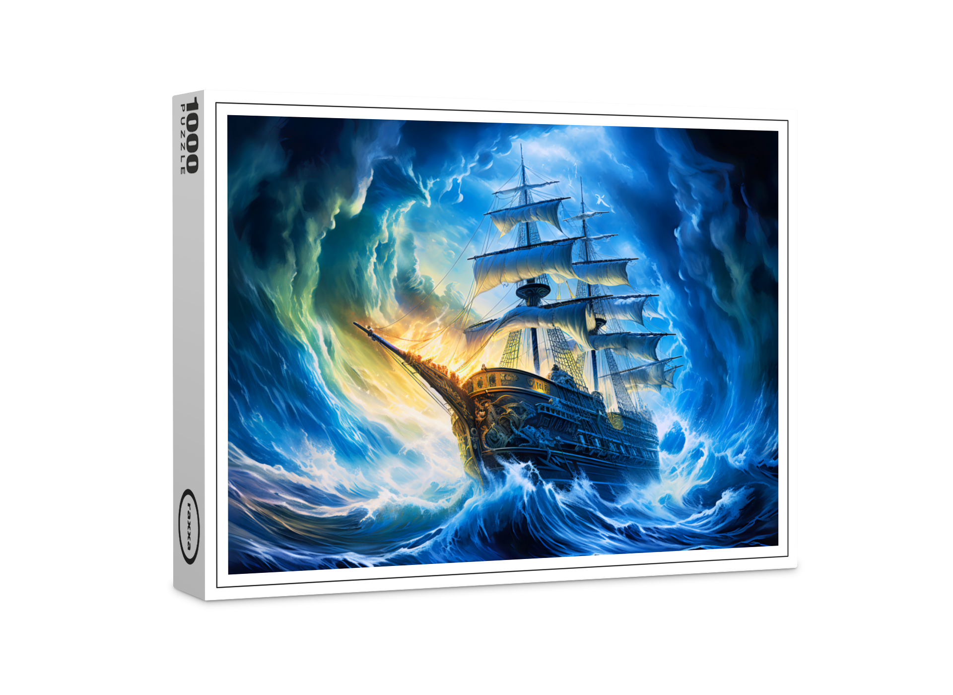 raxxa Premium-Puzzle: Ship in Glowing Blue Ocean Fantasy Painting