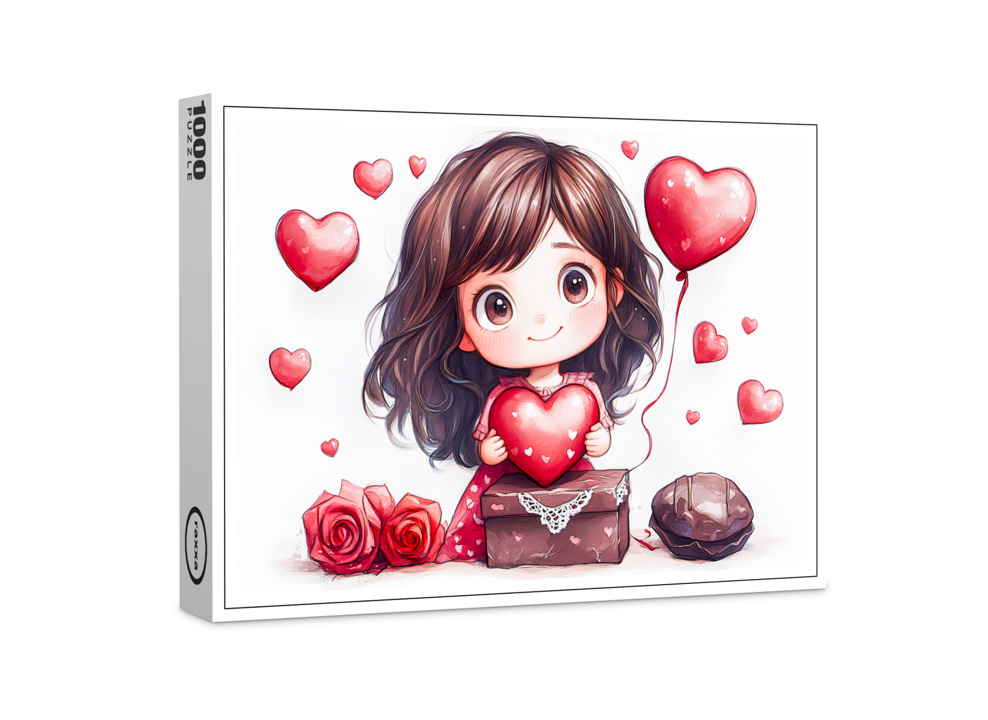 raxxa Premium-Puzzle: Cartoon Girl Holding Heart Romantic Valentine’s Day Artwork
