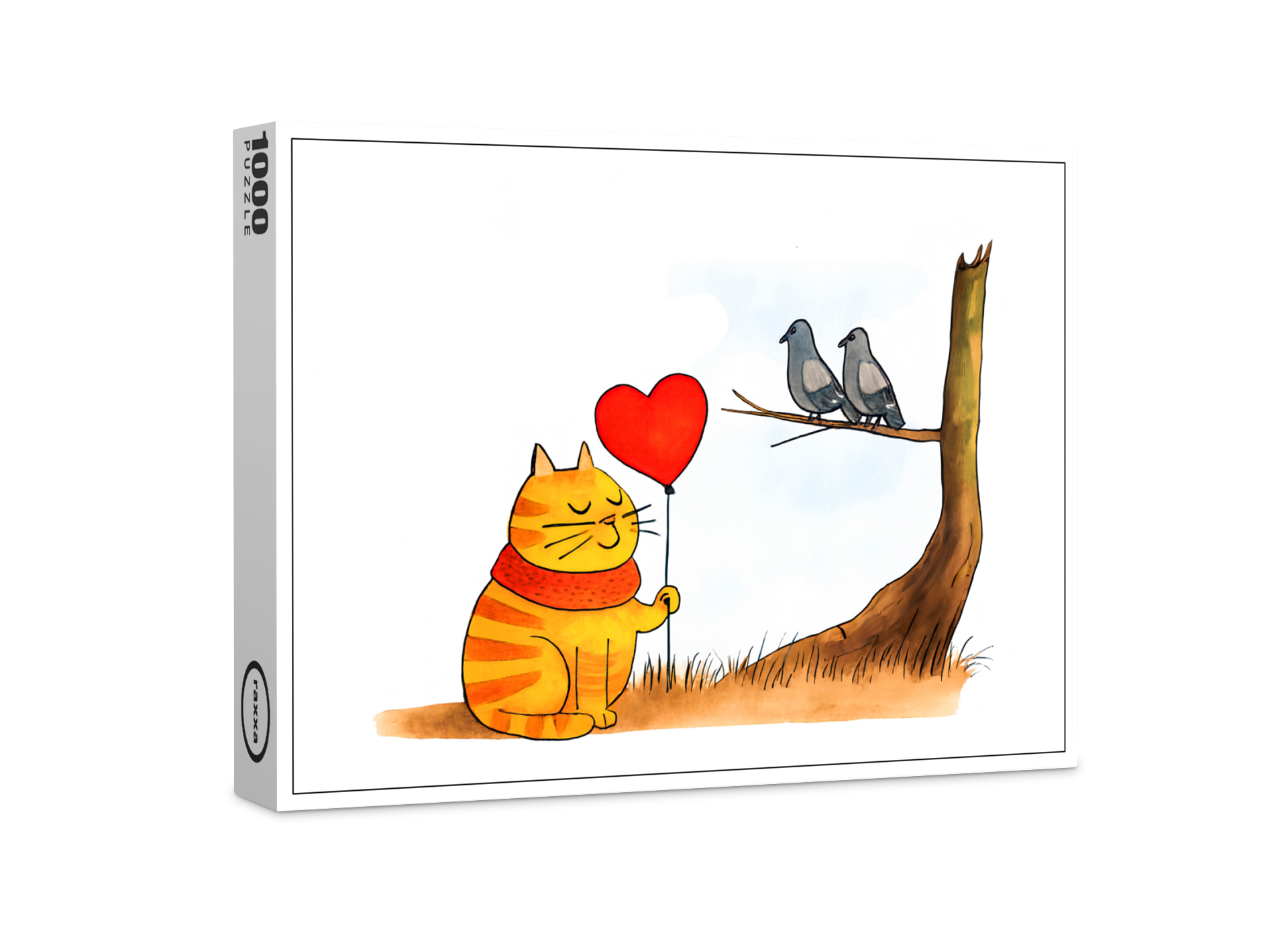 raxxa Premium-Puzzle: Cute Cartoon Cat Holding Heart Balloon Outdoors