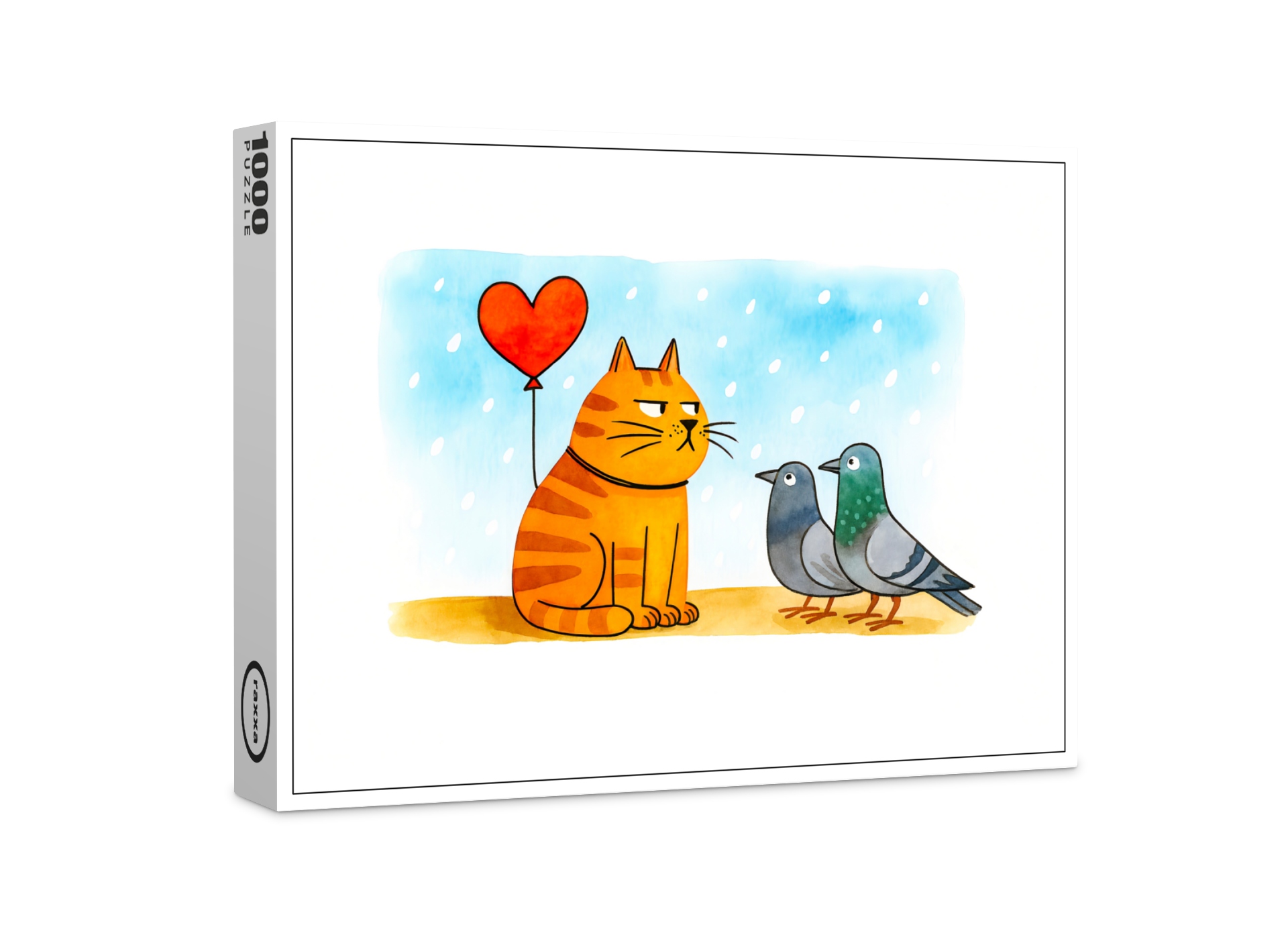 raxxa Premium-Puzzle: Cute Cartoon Cat Holding Heart Balloon Illustration