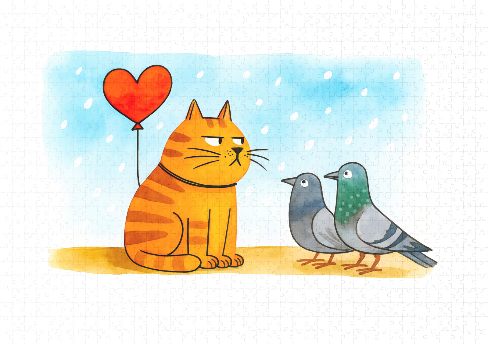 raxxa Premium-Puzzle: Cute Cartoon Cat Holding Heart Balloon Illustration - immagine 2