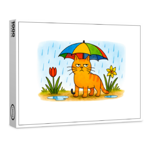 raxxa Premium-Puzzle: Cute Cartoon Cat Standing Under Colorful Umbrella