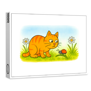 raxxa Premium-Puzzle: Cute Cartoon Cat Watching Ladybug in Meadow
