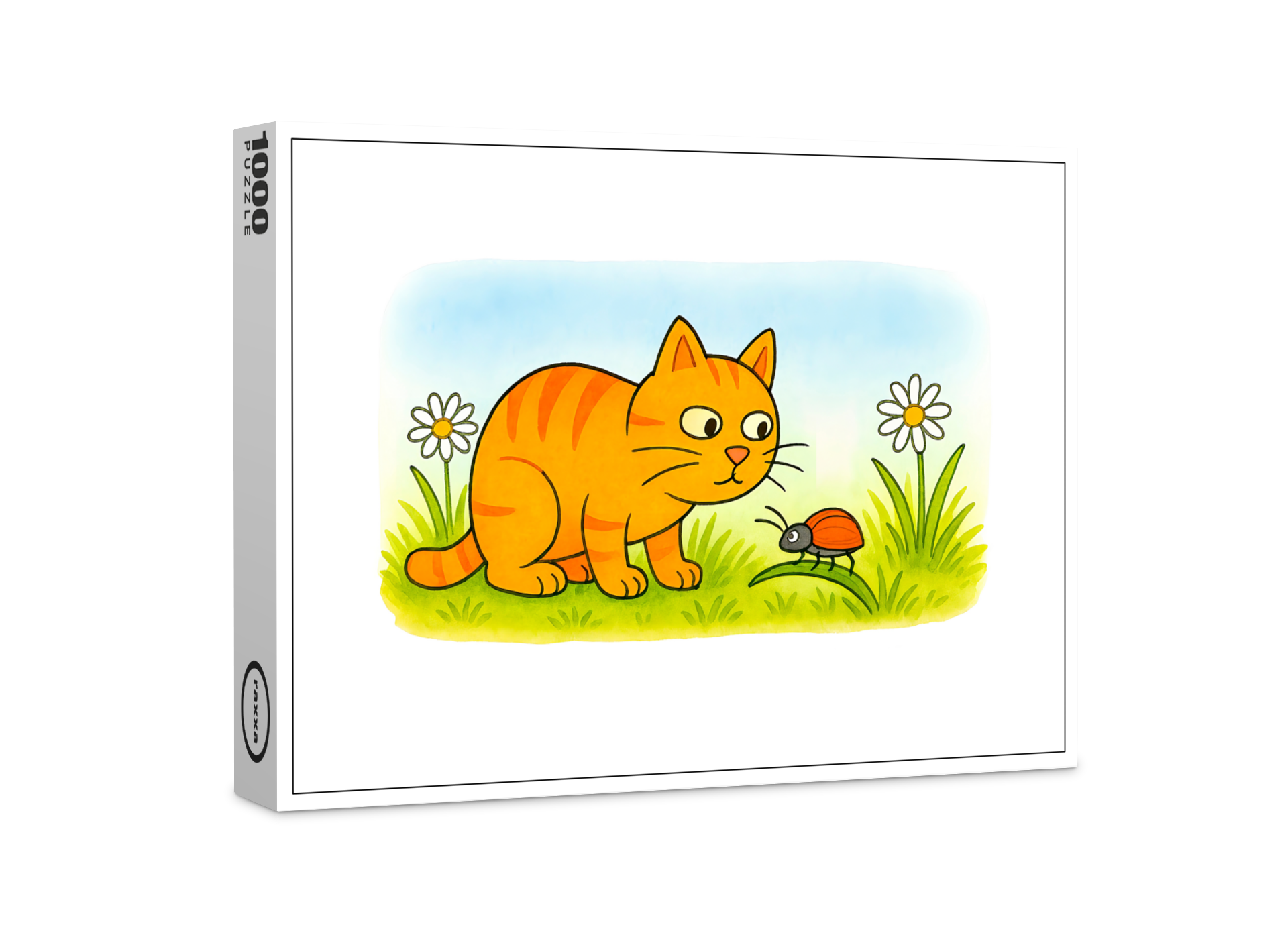 raxxa Premium-Puzzle: Cute Cartoon Cat Watching Ladybug in Meadow