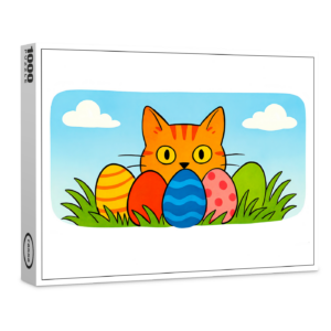 raxxa Premium-Puzzle: Playful Cartoon Cat Hiding Behind Easter Eggs