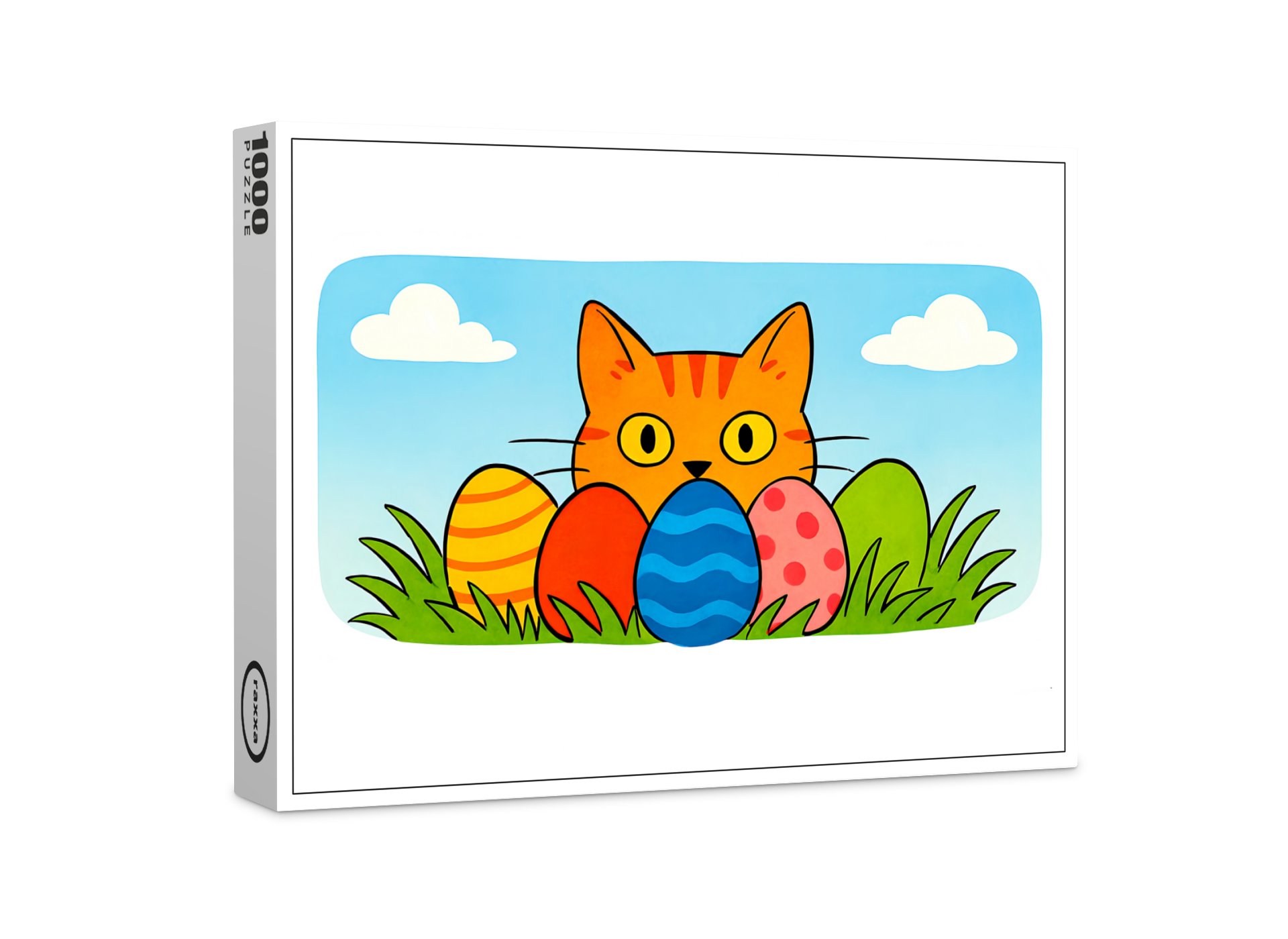 raxxa Premium-Puzzle: Playful Cartoon Cat Hiding Behind Easter Eggs