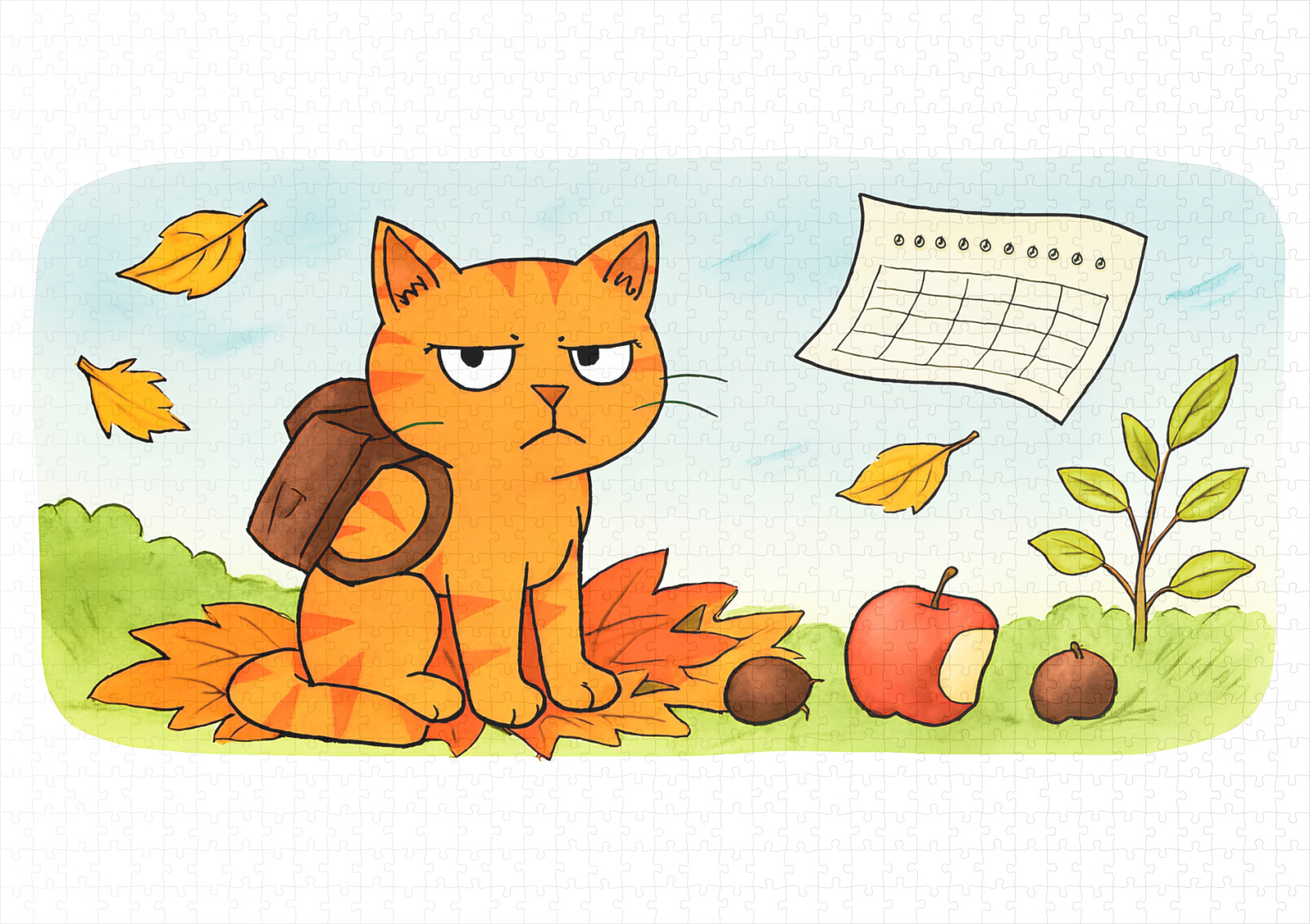 raxxa Premium-Puzzle: Grumpy Cartoon Cat Starting School in Autumn – Image 2