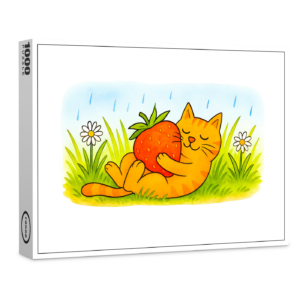raxxa Premium-Puzzle: Playful Cartoon Cat Hugging Big Strawberry