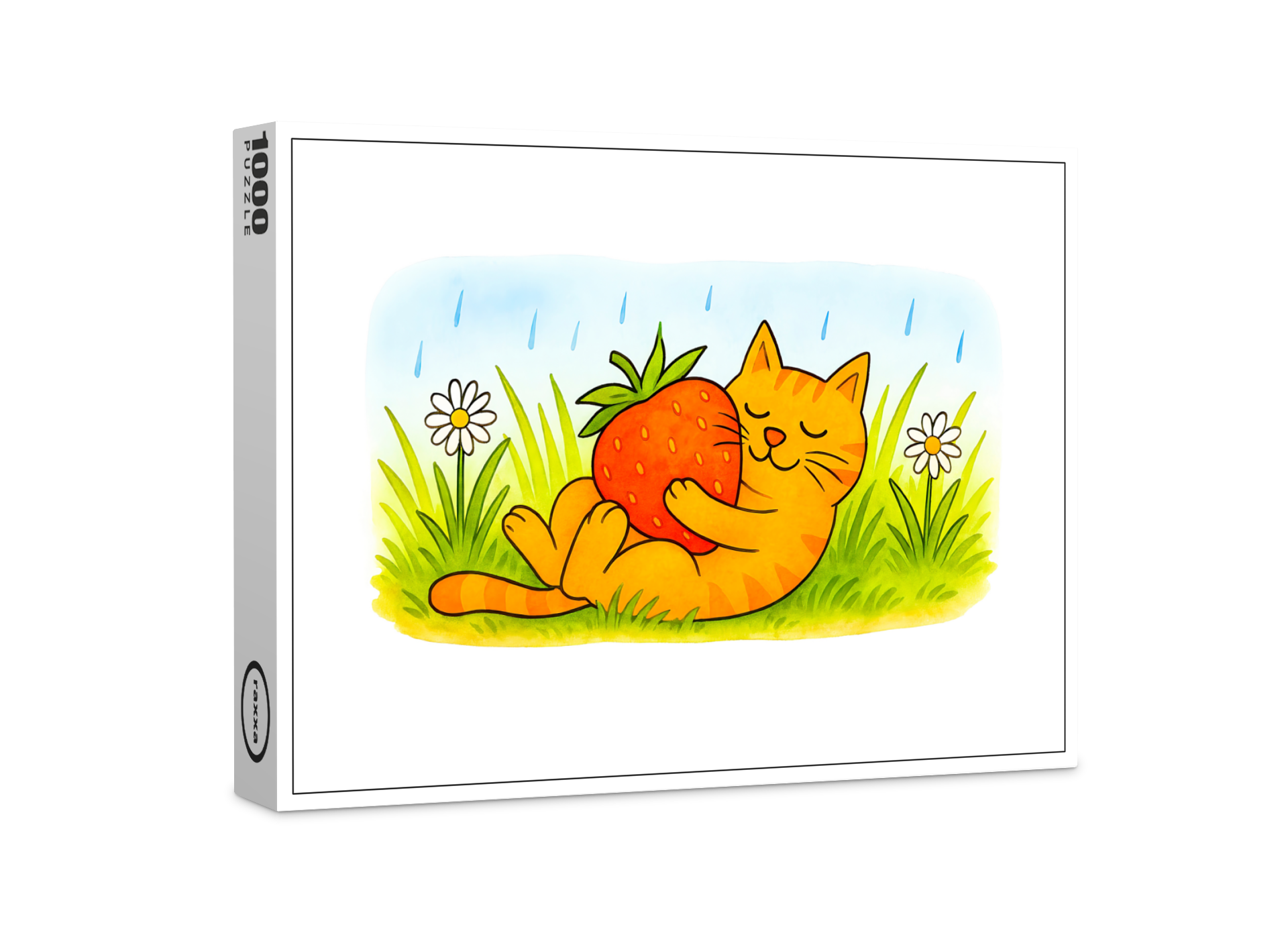 raxxa Premium-Puzzle: Playful Cartoon Cat Hugging Big Strawberry