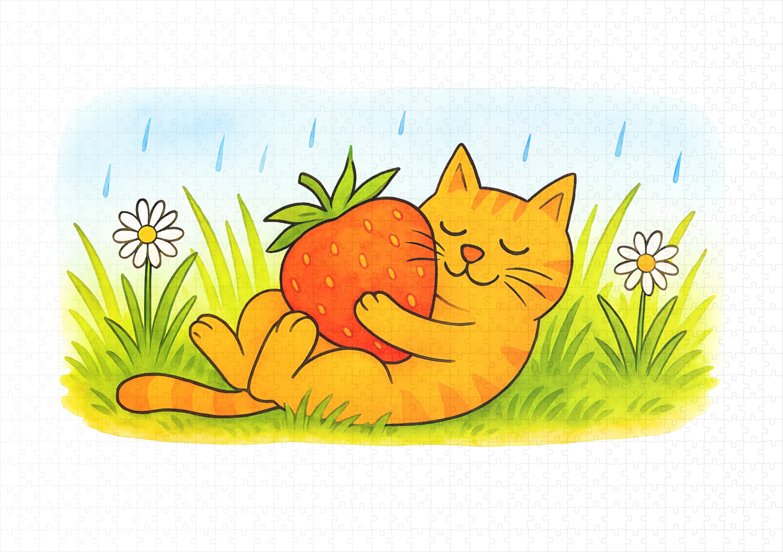raxxa Premium-Puzzle: Playful Cartoon Cat Hugging Big Strawberry - Image 2