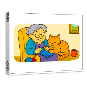 raxxa Premium-Puzzle: Cute Cartoon Cat Resting on Knitting Grandma