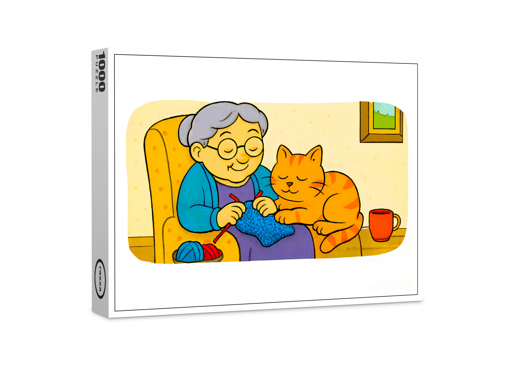 raxxa Premium-Puzzle: Cute Cartoon Cat Resting on Knitting Grandma