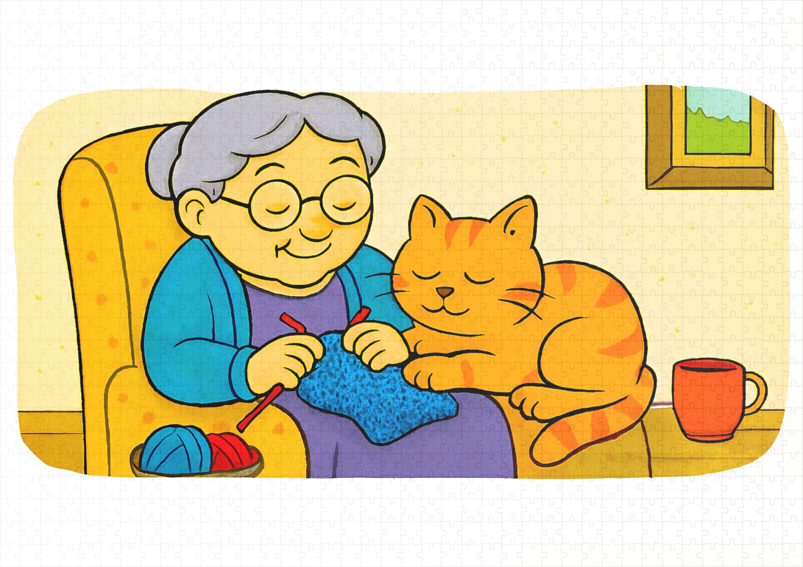 raxxa Premium-Puzzle: Cute Cartoon Cat Resting on Knitting Grandma – Image 2