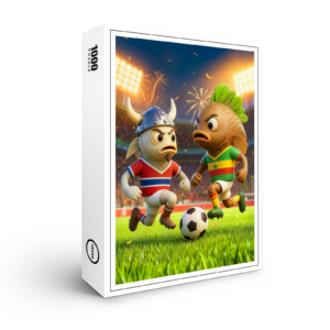 raxxa Premium-Puzzle: Norwegian cod versus Senegal thieboudienne fish soccer match