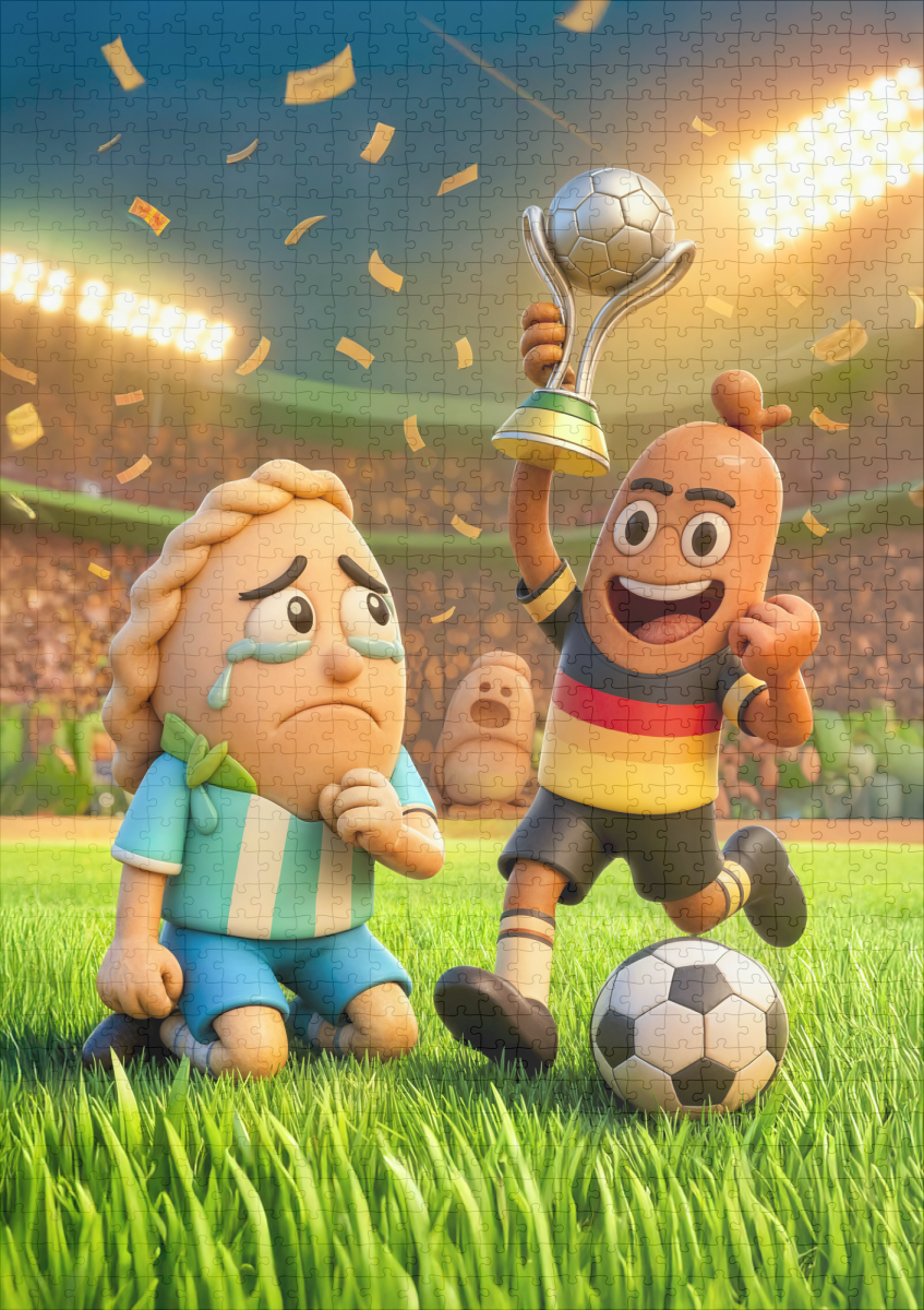 raxxa Premium-Puzzle: German bratwurst defeating Argentinian empanada soccer scene – Bild 2