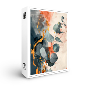 raxxa Premium-Puzzle: Grey Round Botanical Leaves With Gold And Red Watercolor Background