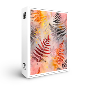raxxa Premium-Puzzle: Dark Red Fern Leaves With Gold Accents On Pink Pastel Background