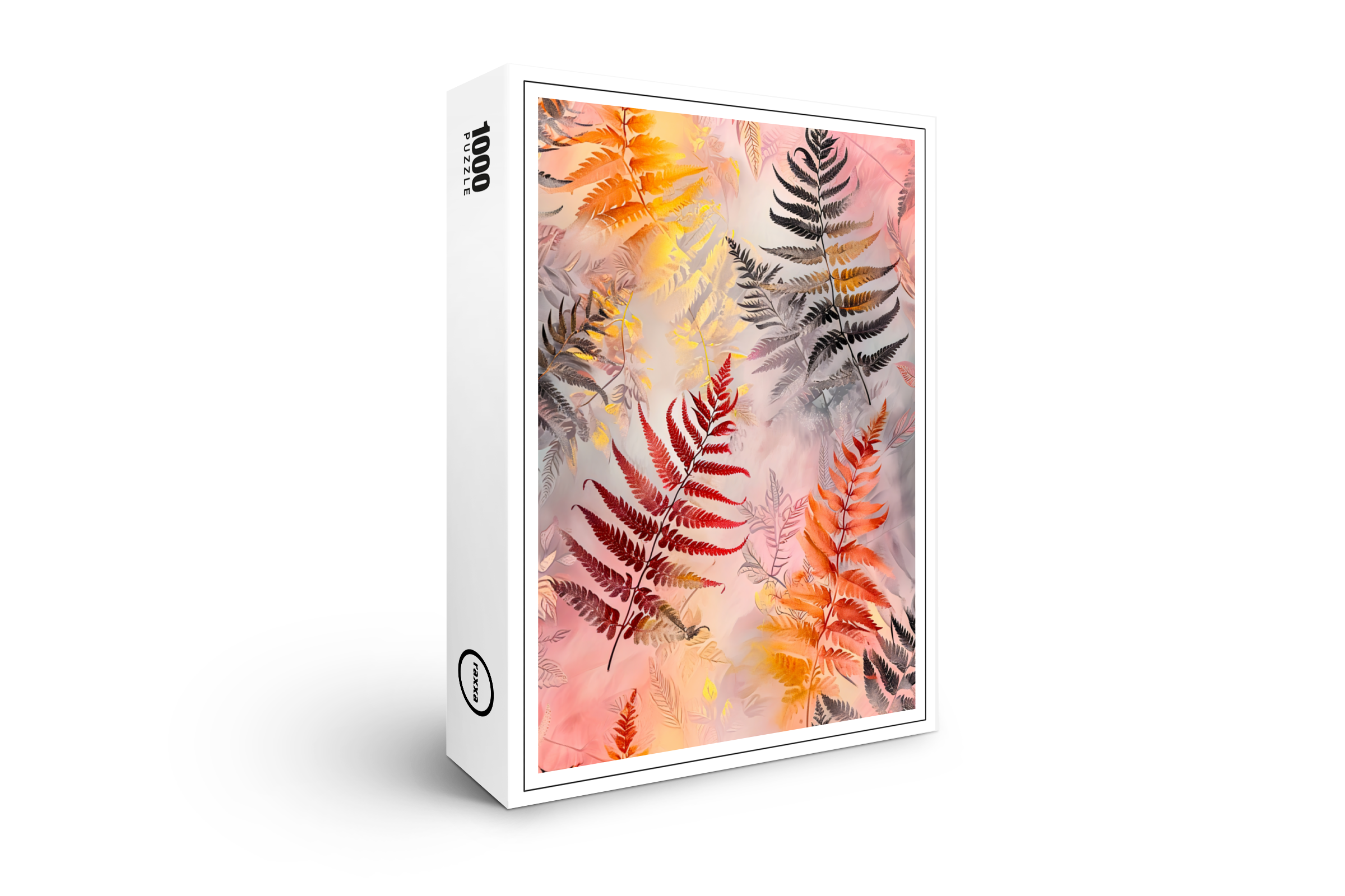 raxxa Premium-Puzzle: Dark Red Fern Leaves With Gold Accents On Pink Pastel Background